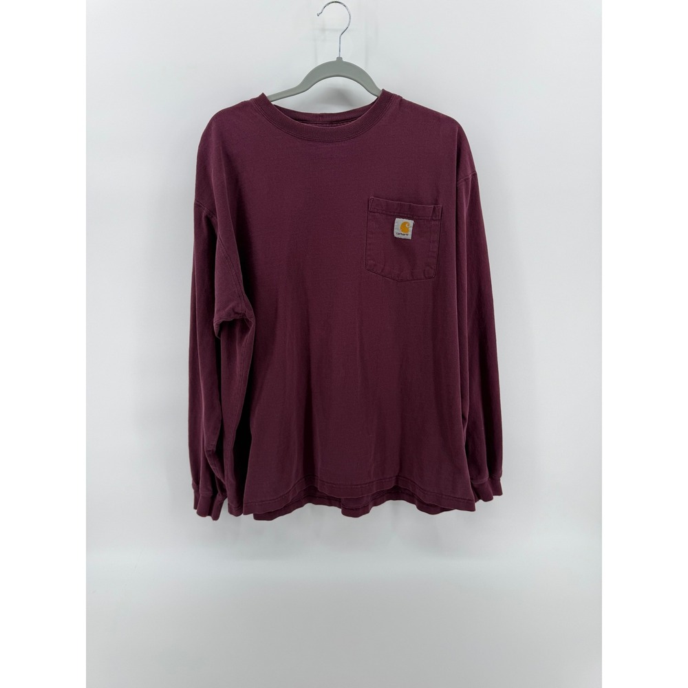Carhartt Mens Long‎ Sleeve Pocket T-Shirt Burgundy Cotton Workwear Size Large